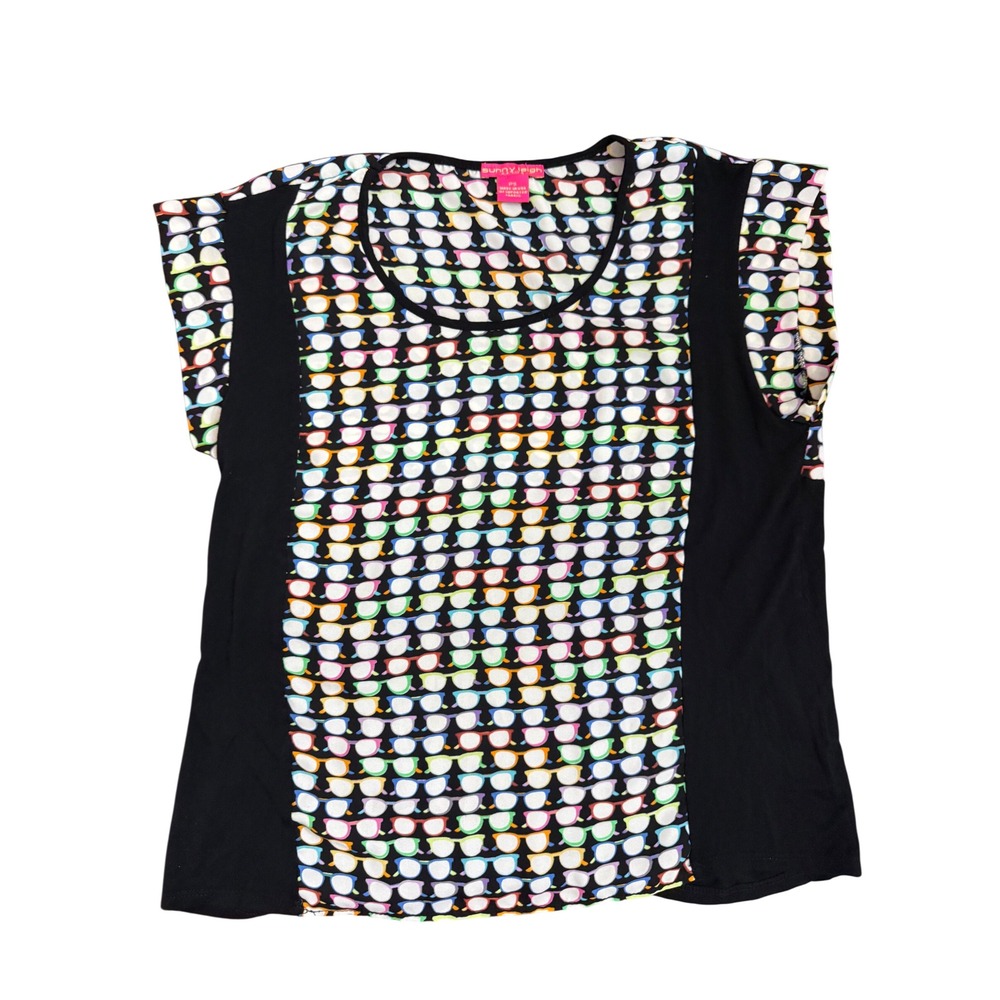 Sunny‎ Leigh Petite Eyeglass Print Blouse Black Multi Color Y2K Cap Sleeve PS
